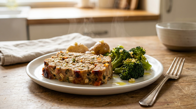 Healthy Meatloaf Dinner Plate β Flavor Flip Healthy turkey meatloaf slice plated with roasted broccoli for a quick healthy meal
