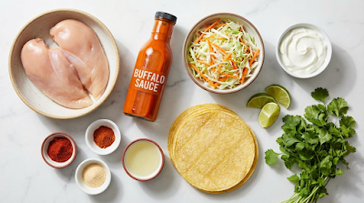 Healthy Buffalo Chicken Tacos Ingredients – Flavor Flip Ingredients for healthy buffalo chicken tacos including lean chicken breast and hot sauce