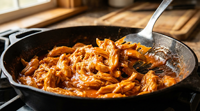 Buffalo Chicken Skillet Step – Flavor Flip Shredded chicken tossed in buffalo sauce for healthy buffalo chicken tacos