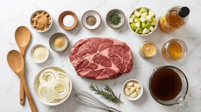 Ingredients for slow cooker Amish apple beef roast including beef, apples, and spices