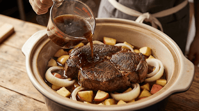 Shredded Amish apple beef roast served Shredded Amish apple beef roast served with rich broth and tender apples