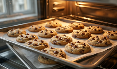 Close-up of chocolate chip cookie dough in a bowl, soft and slightly sticky with visible chocolate chips