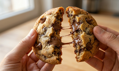 Chocolate chip cookies baking in the oven, edges golden and chocolate chips melting