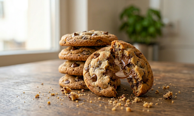 Stack of homemade chocolate chip cookies with one broken in front, crumbs scattered naturally on a rustic plate