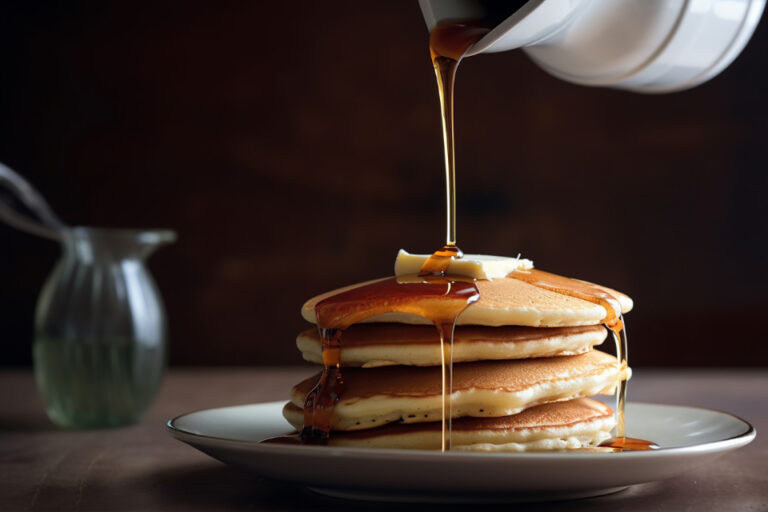 Stack of pancakes with syrup being poured