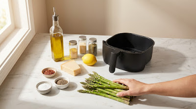 Fresh asparagus, olive oil, garlic powder, Italian herbs, lemon, and Parmesan arranged on a marble countertop