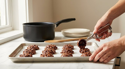 Chocolate oatmeal cookie mixture being scooped onto a parchment-lined baking tray in neat rows