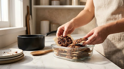 No-bake chocolate oatmeal cookies being placed into a glass airtight container with parchment paper between layers