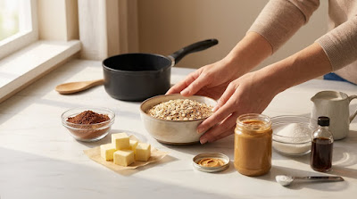 Oats, cocoa powder, peanut butter, sugar, butter, vanilla, milk, and cream of tartar arranged on a marble kitchen countertop