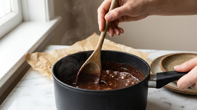 Close-up of glossy chocolate sugar mixture at a rolling boil in a saucepan while being stirred with a wooden spoon