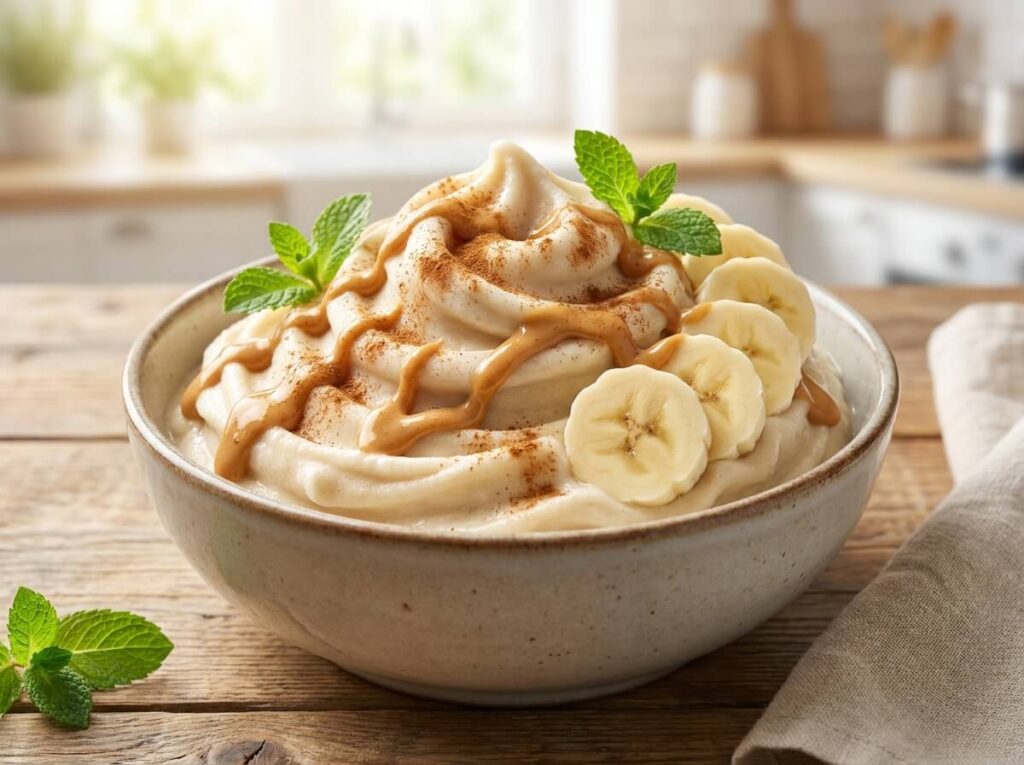 Banana nice cream swirled in a bowl with peanut butter drizzle, cinnamon, and banana slices
