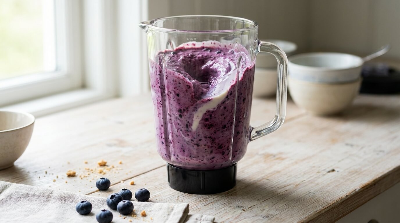 Cottage cheese and blueberries blended smooth into a creamy purple ice cream base in a blender jar
