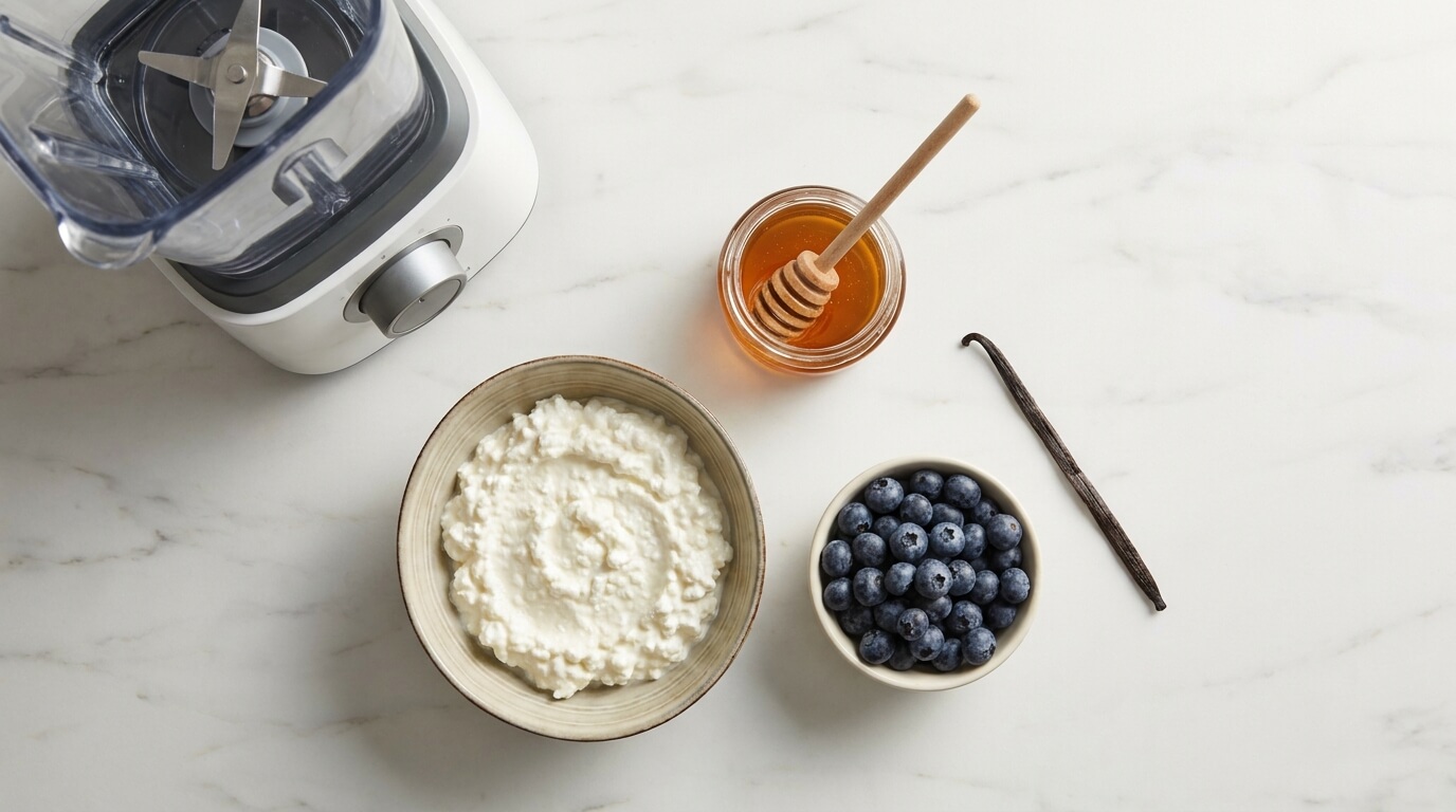 Cottage cheese, fresh blueberries, honey and vanilla ingredients for blueberry cottage cheese ice cream on a marble counter