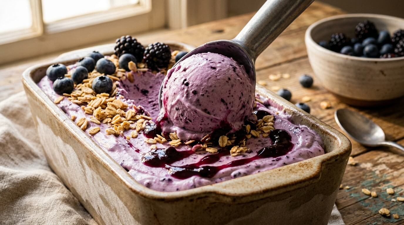 Scooping creamy blueberry cottage cheese ice cream topped with granola and berries from a loaf pan