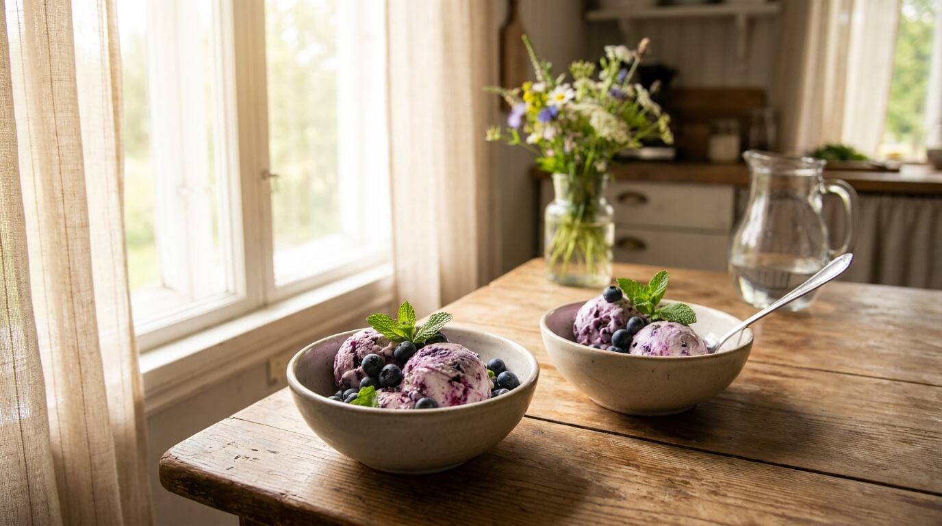 Two bowls of high-protein blueberry cottage cheese ice cream served by a sunny window