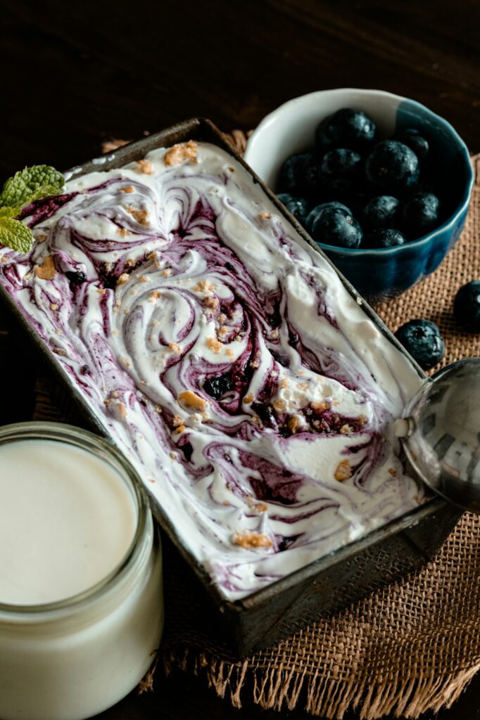 Blueberry swirl ice cream in a loaf pan