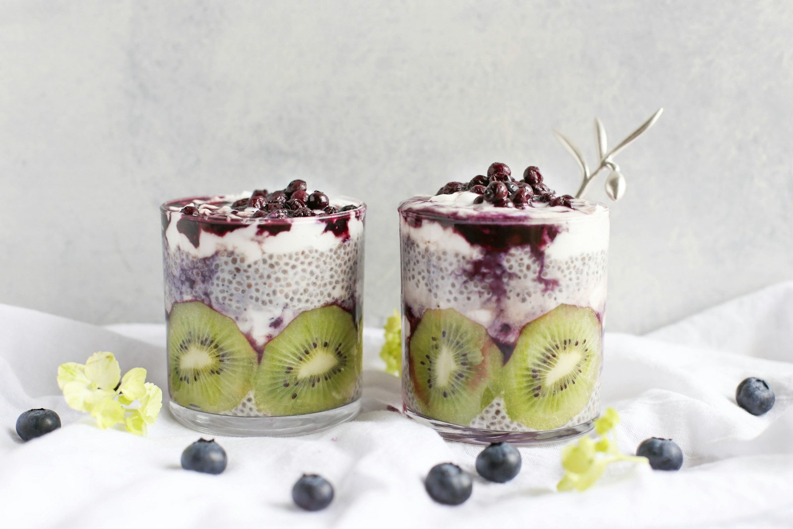 Two glasses of chia pudding layered with kiwi and blueberries