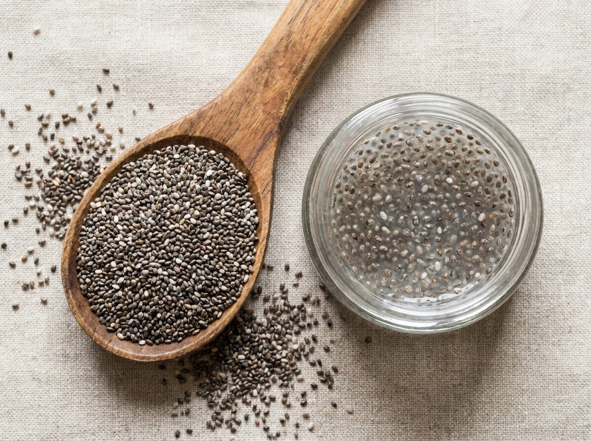 A wooden spoon of dry chia seeds next to a glass jar where the chia has bloomed into gel