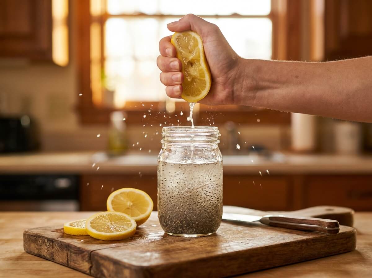 A hand squeezing fresh lemon into a mason jar of chia seed water on a wooden board