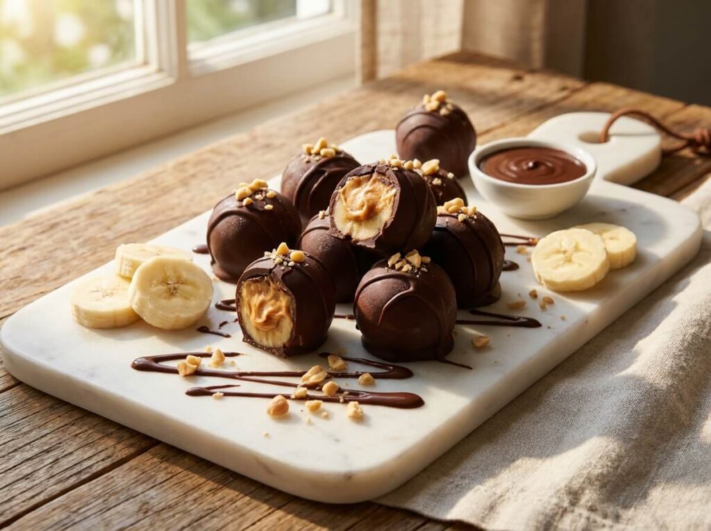 Chocolate-covered frozen banana bites with peanut butter centers on a marble board