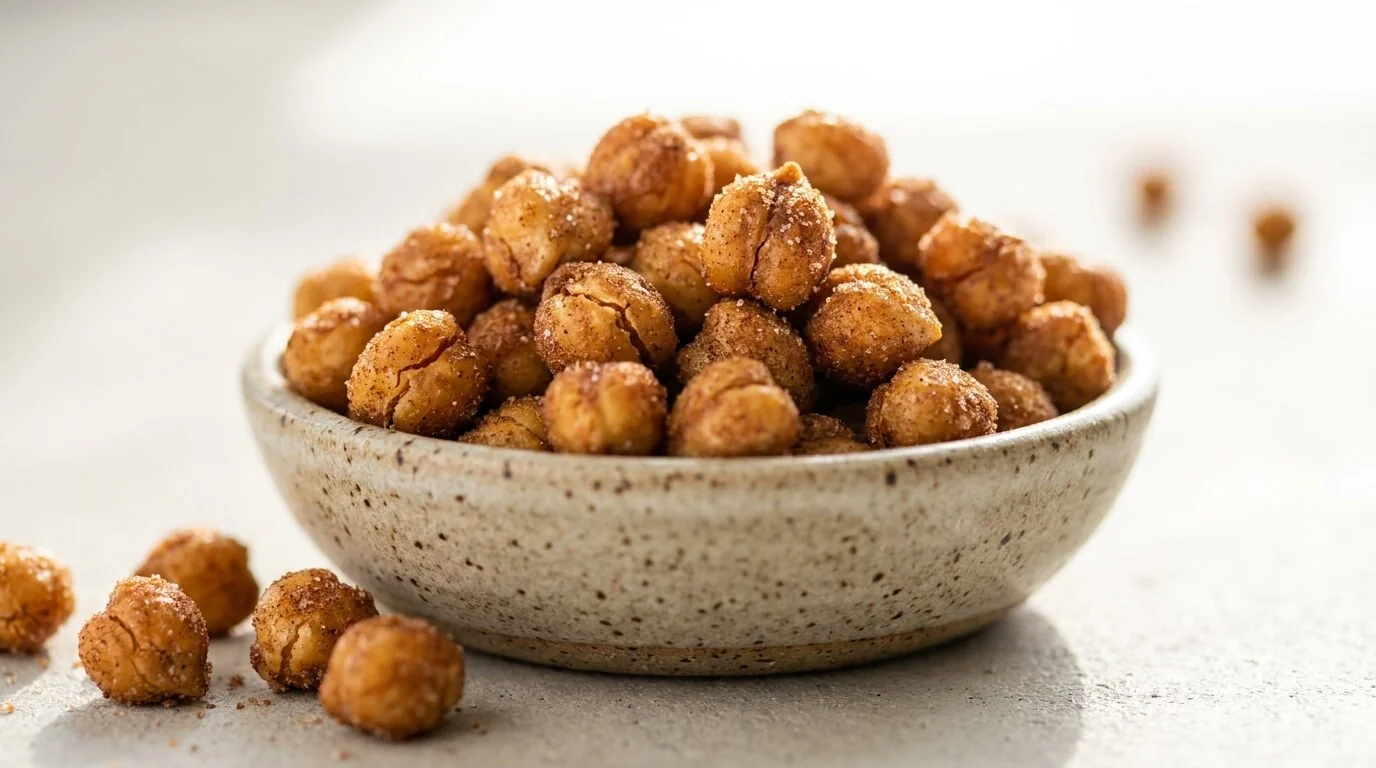 Cinnamon Roasted Chickpeas Close-up of crispy cinnamon roasted chickpeas, a high fiber high protein snack