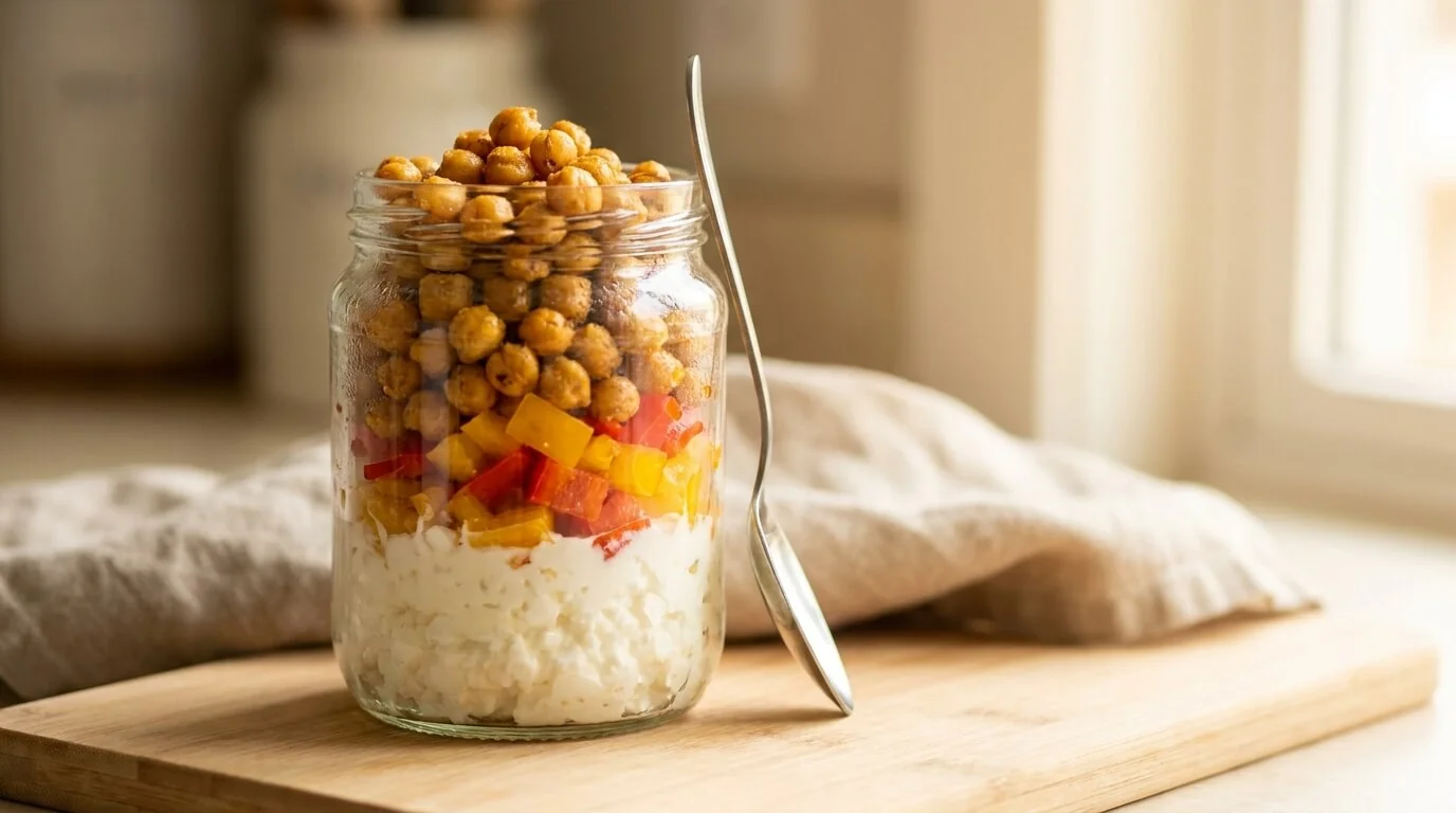 Cottage Cheese and Chickpea Snack Jar Glass snack jar layered with cottage cheese, bell peppers, and crispy chickpeas for protein and fiber