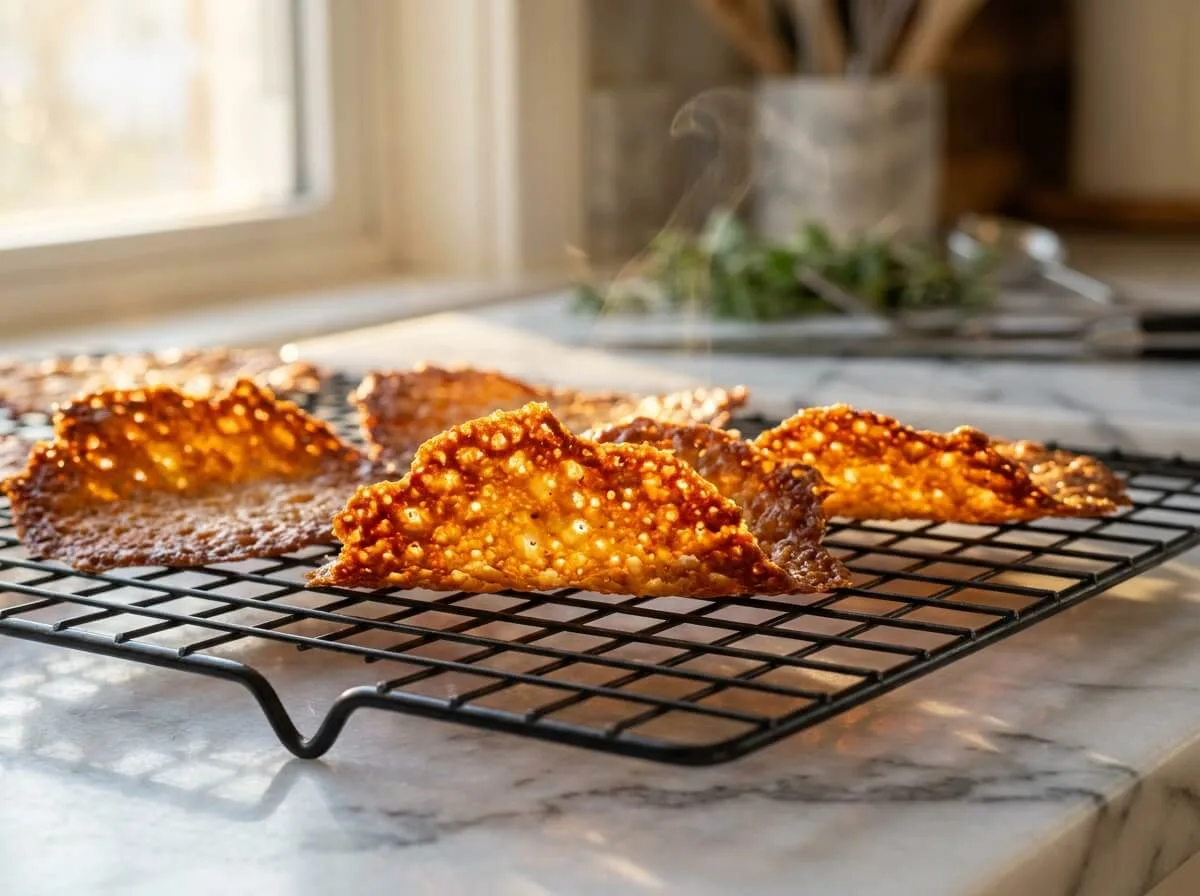 Close-up of finished golden-brown cottage cheese chips cooling on a wire rack, edges lacy and crisp