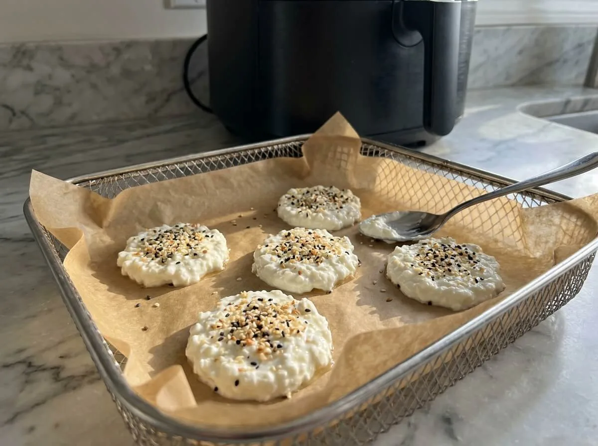 Flattened rounds of seasoned cottage cheese on parchment inside an air fryer basket, ready to cook