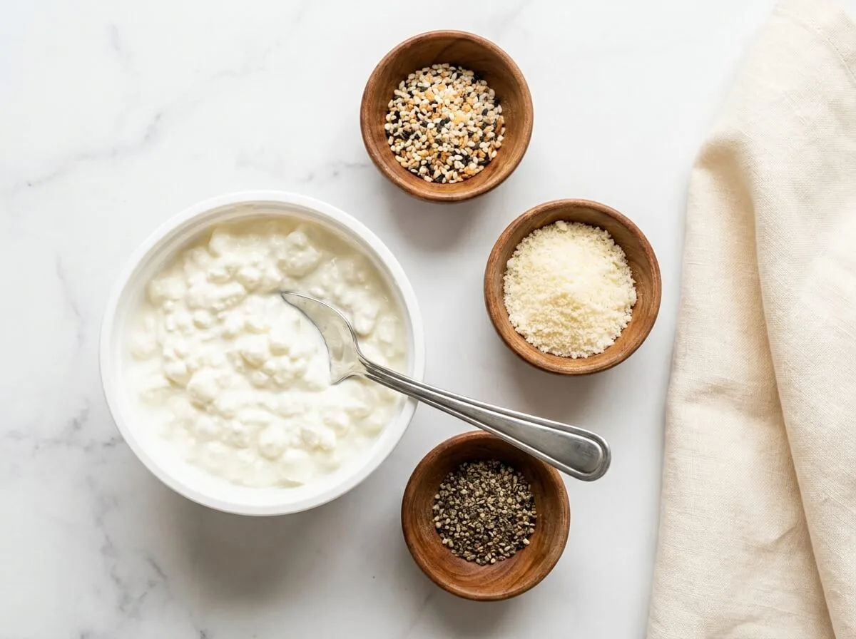 Flat-lay of one tub of full-fat cottage cheese beside small bowls of everything bagel seasoning, grated parmesan, and cracked black pepper on a marble counter
