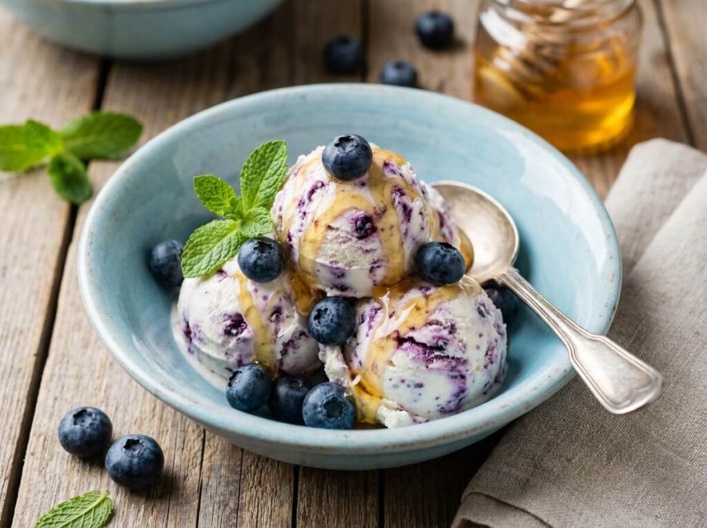 Blueberry cottage cheese ice cream scoops in a blue bowl with honey drizzle and fresh blueberries