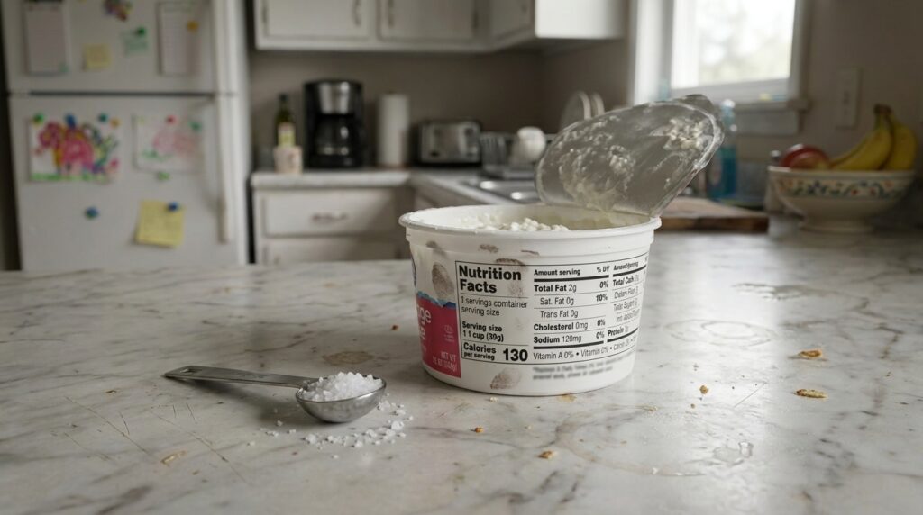 An opened tub of cottage cheese beside a measuring spoon of coarse salt on a kitchen counter