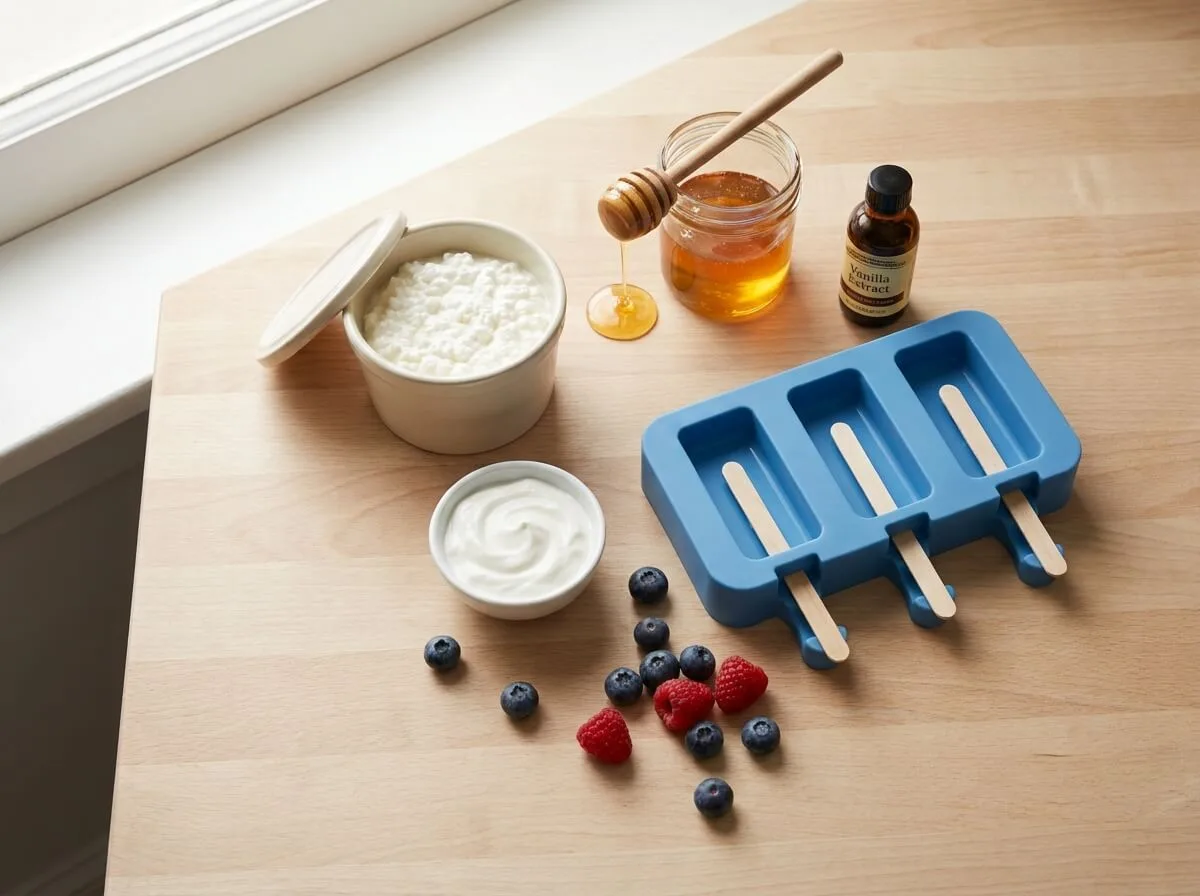 Ingredients for cottage cheese popsicles: cottage cheese, Greek yogurt, honey, vanilla extract, and a popsicle mold with berries.
