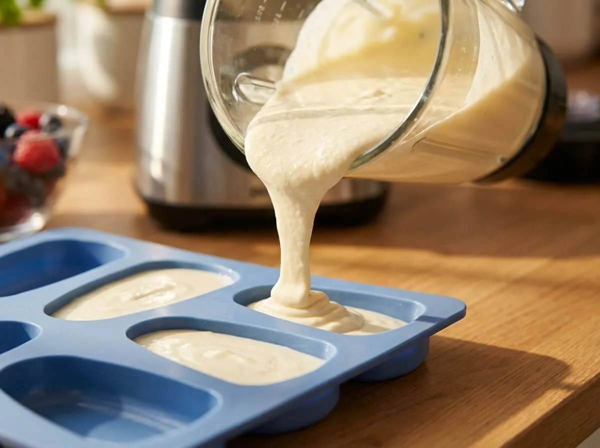Smooth blended cottage cheese mixture being poured from a blender into a blue silicone popsicle mold.