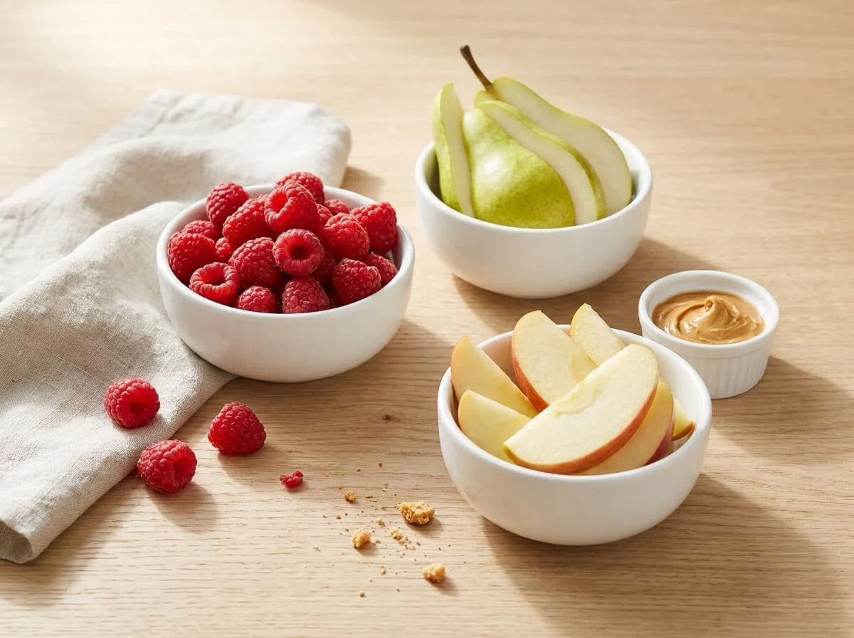 High Fiber Fruit Snacks Bowls of raspberries, sliced pear, and apple with peanut butter arranged as high fiber fruit snacks