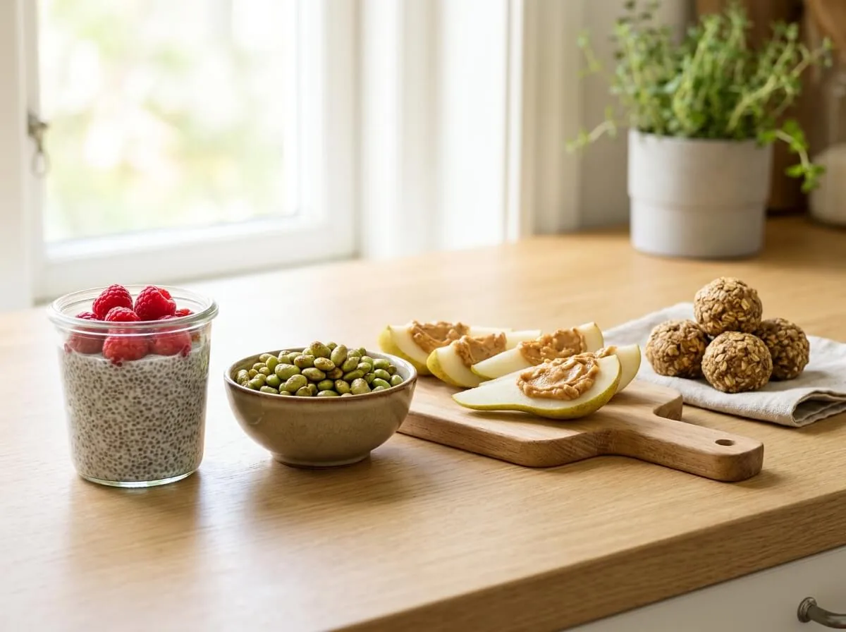 Four gap-closing high-fiber snacks on a wooden board in a bright kitchen — chia pudding with raspberries, roasted edamame, pear slices with peanut butter, and no-bake energy bites