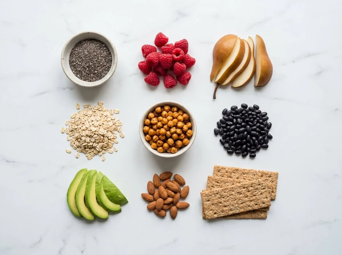 Nine high-fiber snack sources arranged in a grid on marble — chia seeds, raspberries, sliced pear, rolled oats, roasted chickpeas, black beans, avocado, almonds, and whole-grain crackers