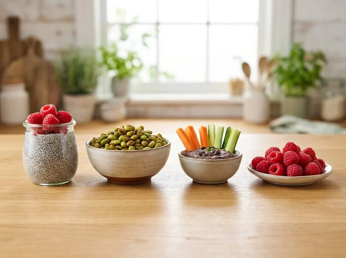 Whole-Food Fibermaxxing Snack Lineup Lineup of whole-food fibermaxxing snacks: chia pudding jar, roasted edamame, black bean dip with vegetable sticks, and fresh raspberries