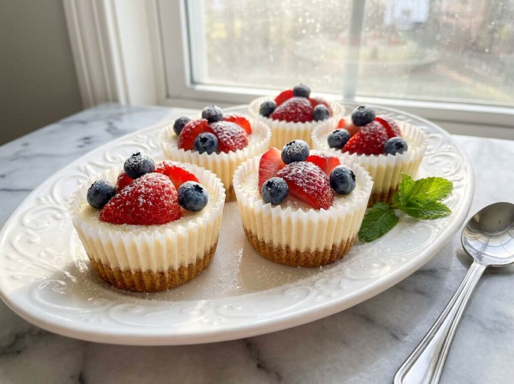Frozen mini cheesecake cups in paper liners topped with strawberries and blueberries
