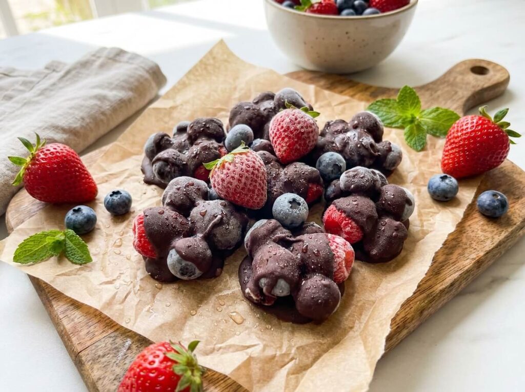 Chocolate-drizzled frozen yogurt berry clusters on parchment with fresh strawberries and blueberries