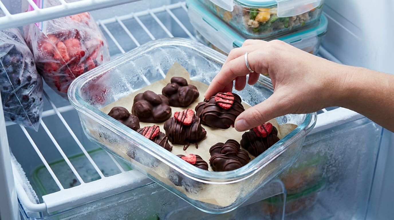 Hand reaching for a chocolate-covered strawberry yogurt cluster from a freezer storage container