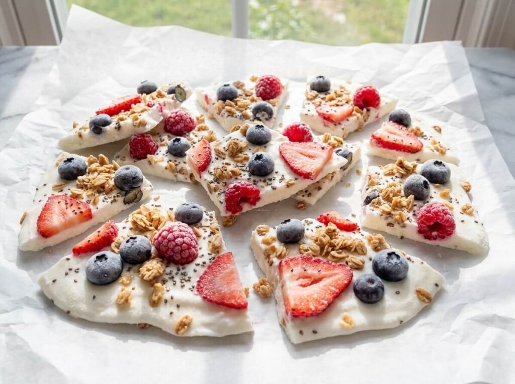 Greek yogurt bark shards topped with strawberries, blueberries, raspberries, granola, and chia seeds