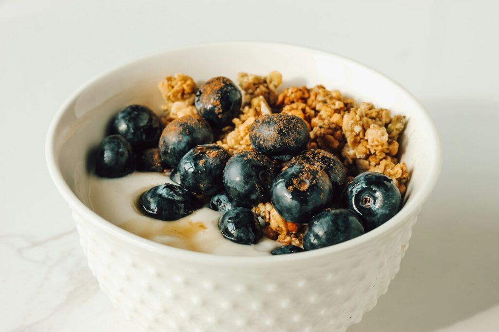Plain Greek yogurt with blueberries and granola