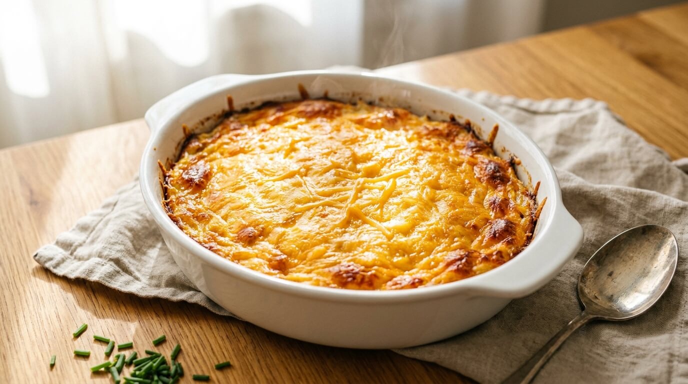 Golden, bubbling cheesy hash brown casserole fresh from the oven in a white baking dish