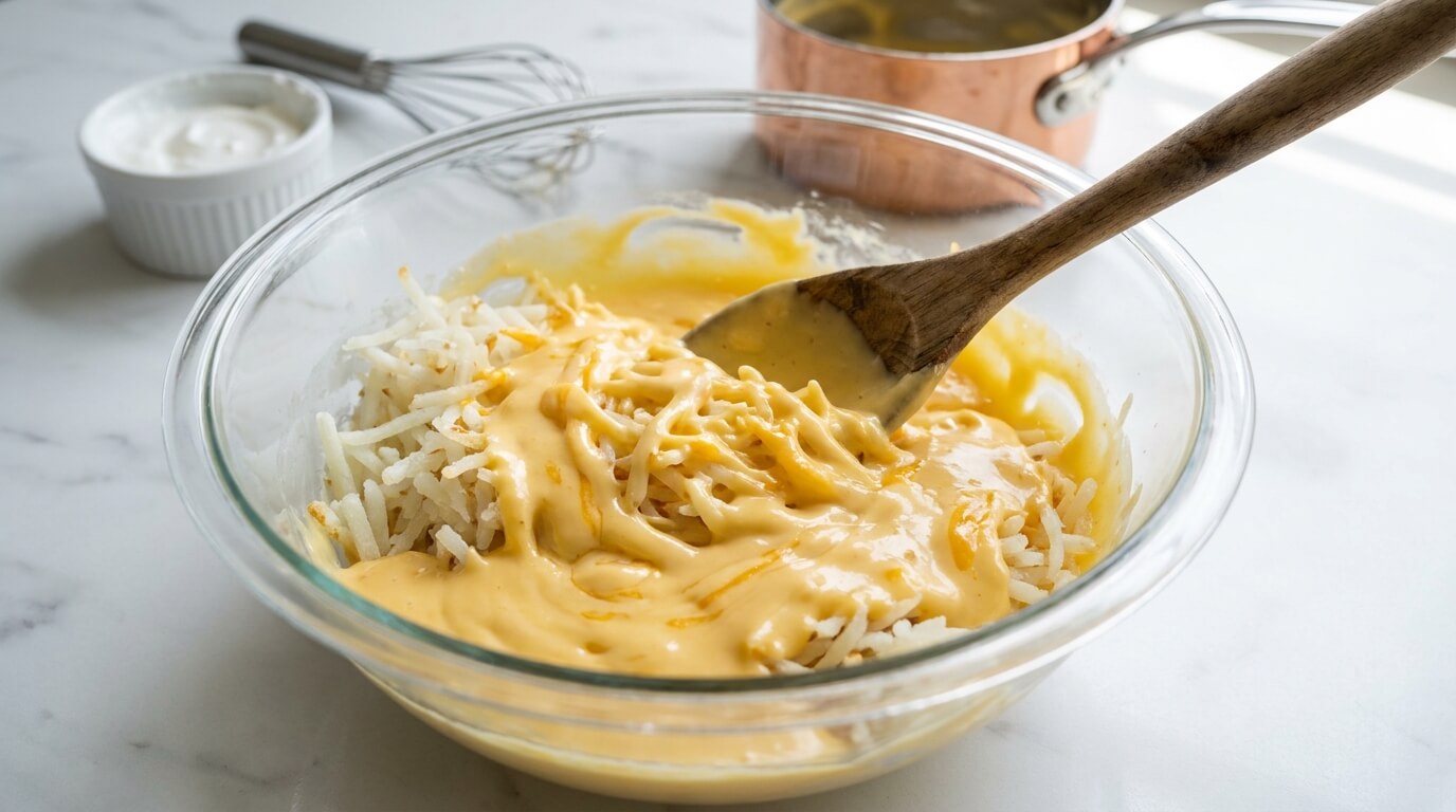 Homemade cheese sauce being folded into shredded hash brown potatoes in a glass bowl