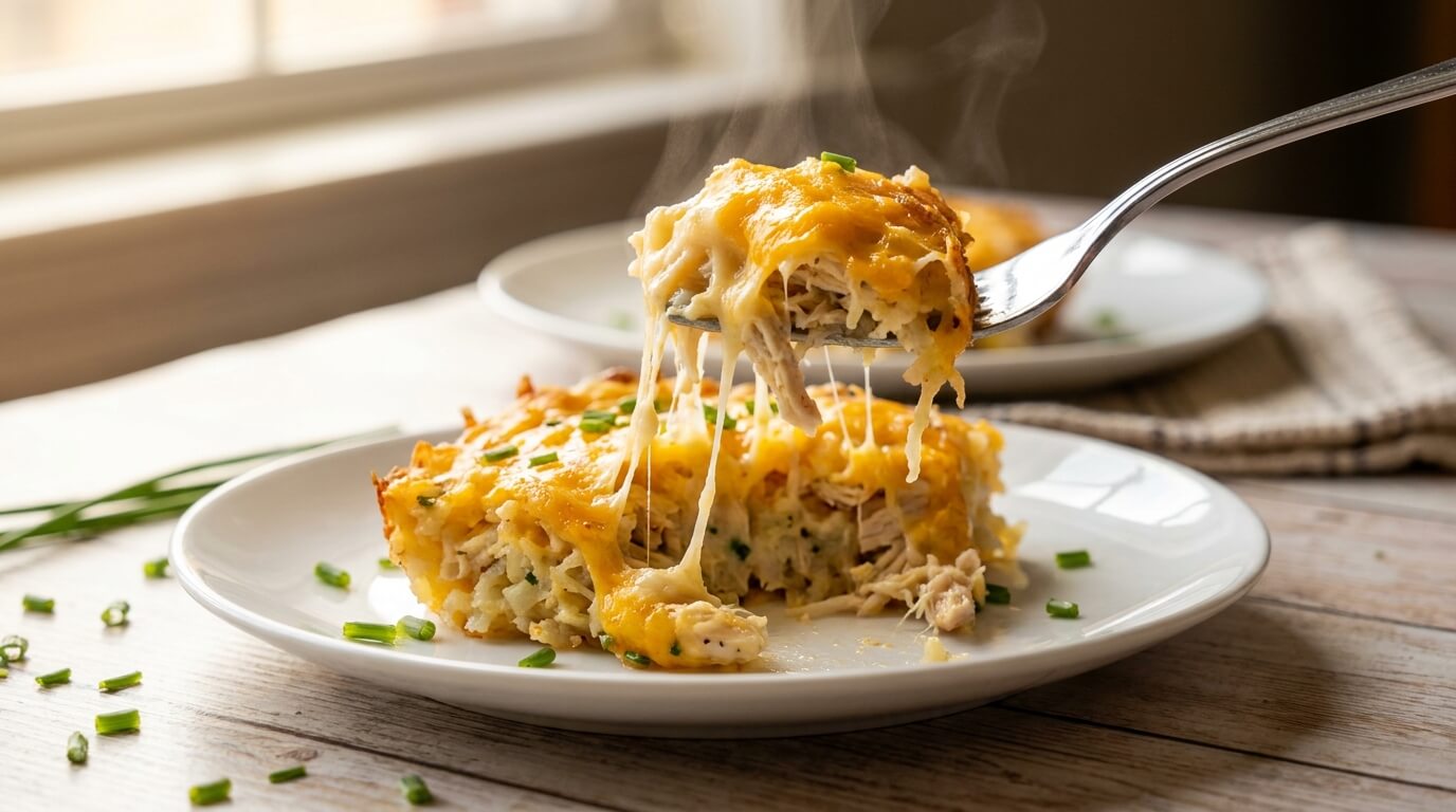 Forkful of creamy high-protein hash brown casserole with a melted cheese pull