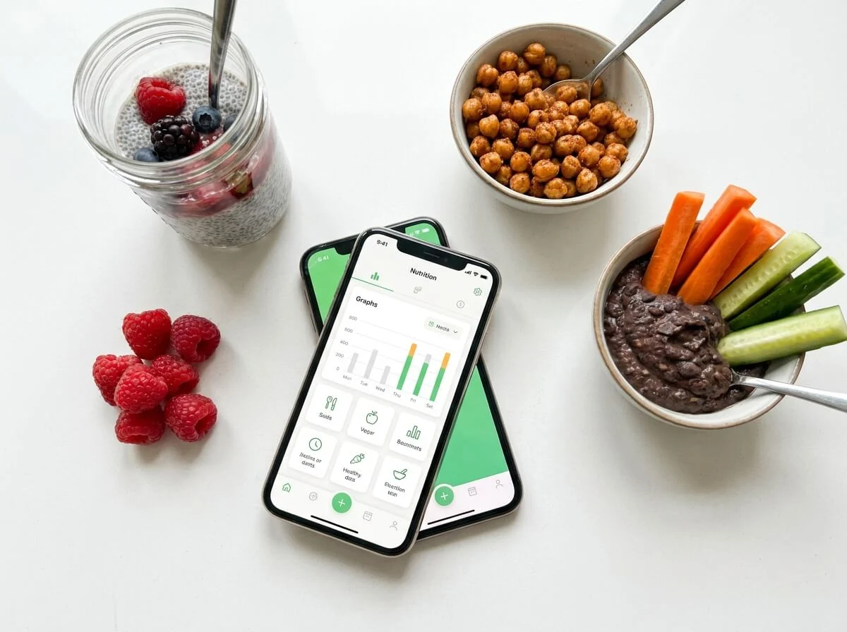 Fibermaxxing Snacks Overhead view of whole-food fibermaxxing snacks including chia pudding, roasted chickpeas, berries, and bean dip beside a phone showing a fiber tracking app