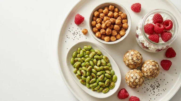 Overhead flat-lay of high fiber high protein snacks including roasted chickpeas, edamame, and energy balls