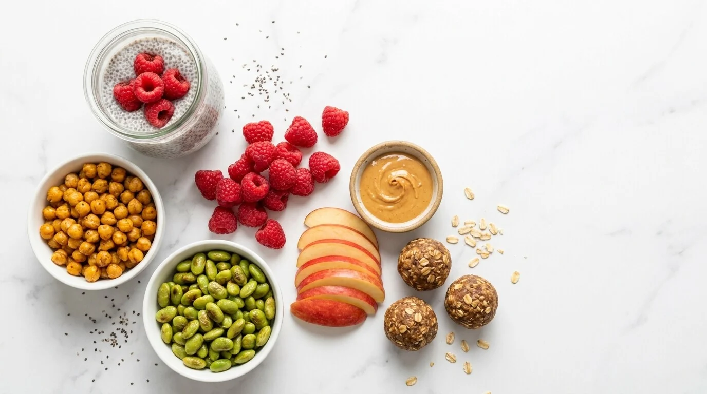 High Fiber Snacks Flat Lay Bright overhead flat-lay of high fiber snacks including chia pudding, roasted chickpeas, edamame, raspberries, and energy bites