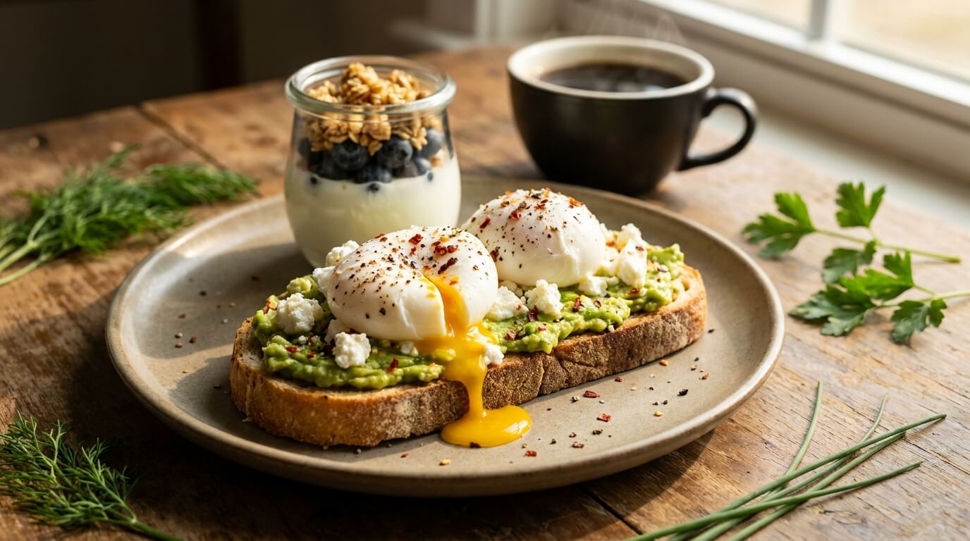 High-protein avocado egg toast with feta beside a Greek yogurt and berry bowl