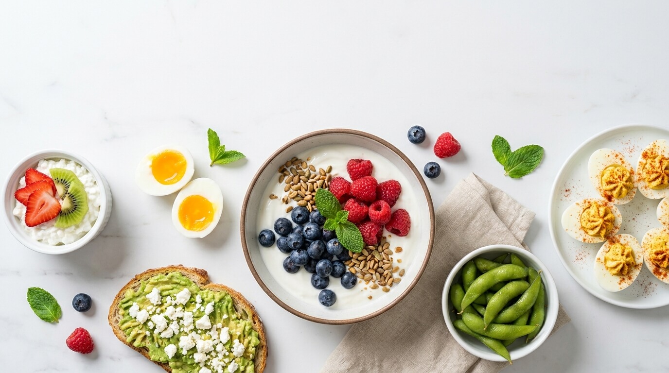 Overhead spread of high-protein breakfasts and snacks on a bright marble table